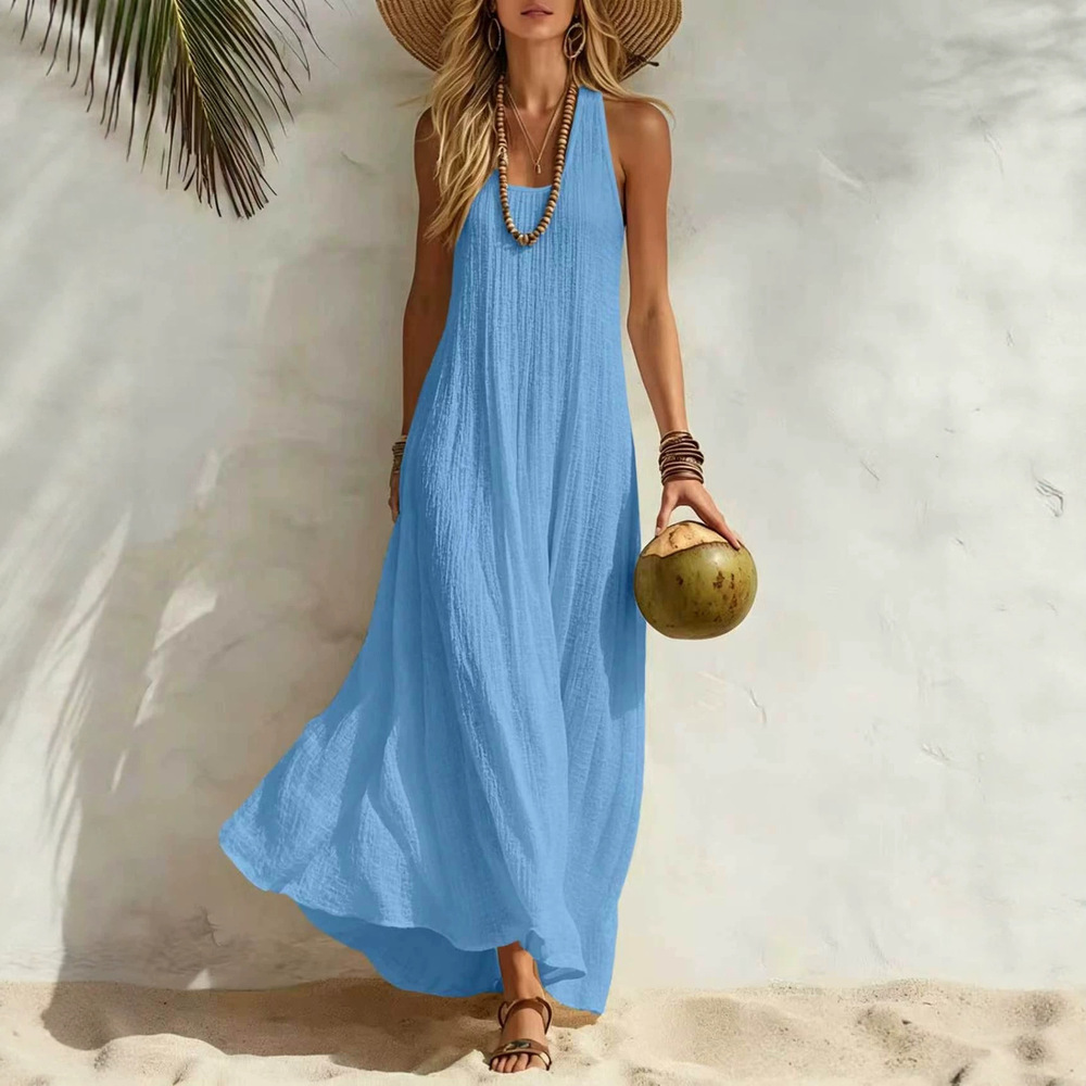 Women's Sky Blue Sleeveless Scoop-Neck Relaxed Swing Maxi Dress